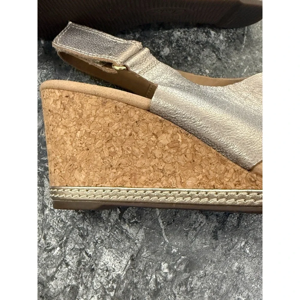 CLARKS Womens Cork Wedge Heel Sandal Gold Leather Open Toe Slingback Shoe 10M